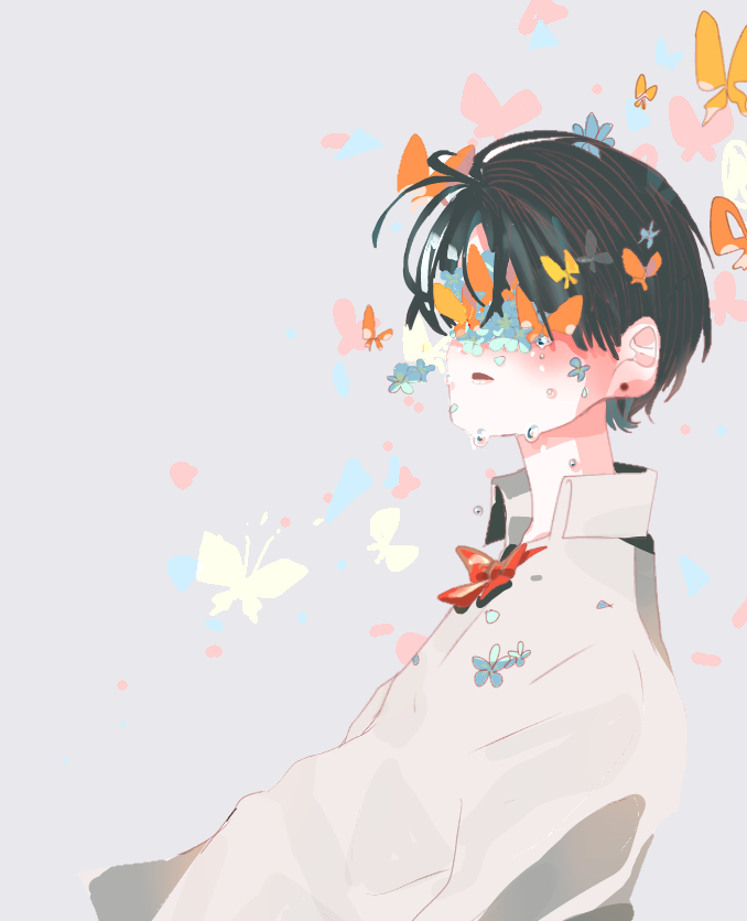 1boy black_hair blue_butterfly bow bowtie bug butterfly collared_shirt covered_eyes crying crying_with_eyes_open earrings from_side jewelry male_focus orange_butterfly original parted_lips red_bow red_bowtie shirt short_hair simple_background solo tears tknlita upper_body white_background white_shirt
