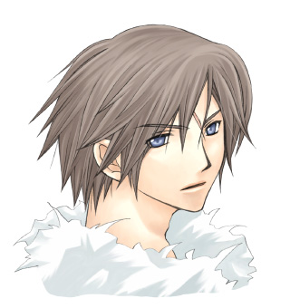 1boy bad_id blue_eyes brown_hair cropped_shoulders expressionless final_fantasy final_fantasy_viii fur_trim looking_back lowres male_focus rendezvous scar scar_on_face short_hair simple_background solo squall_leonhart upper_body white_background white_fur