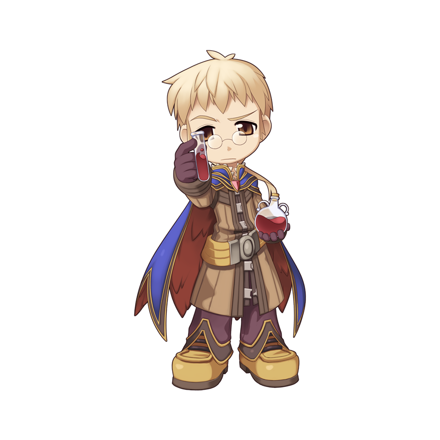 1boy alchemist_(ragnarok_online) blonde_hair blue_cape boots brown_coat brown_eyes brown_footwear brown_gloves brown_pants cape chibi closed_mouth coat expressionless flask full_body glasses gloves holding holding_flask long_sleeves looking_at_viewer male_focus official_art pants pince-nez potion ragnarok_online raised_eyebrow red_cape rimless_eyewear round-bottom_flask round_eyewear short_hair simple_background solo staff standing tachi-e transparent_background two-sided_cape two-sided_fabric vial yuichirou