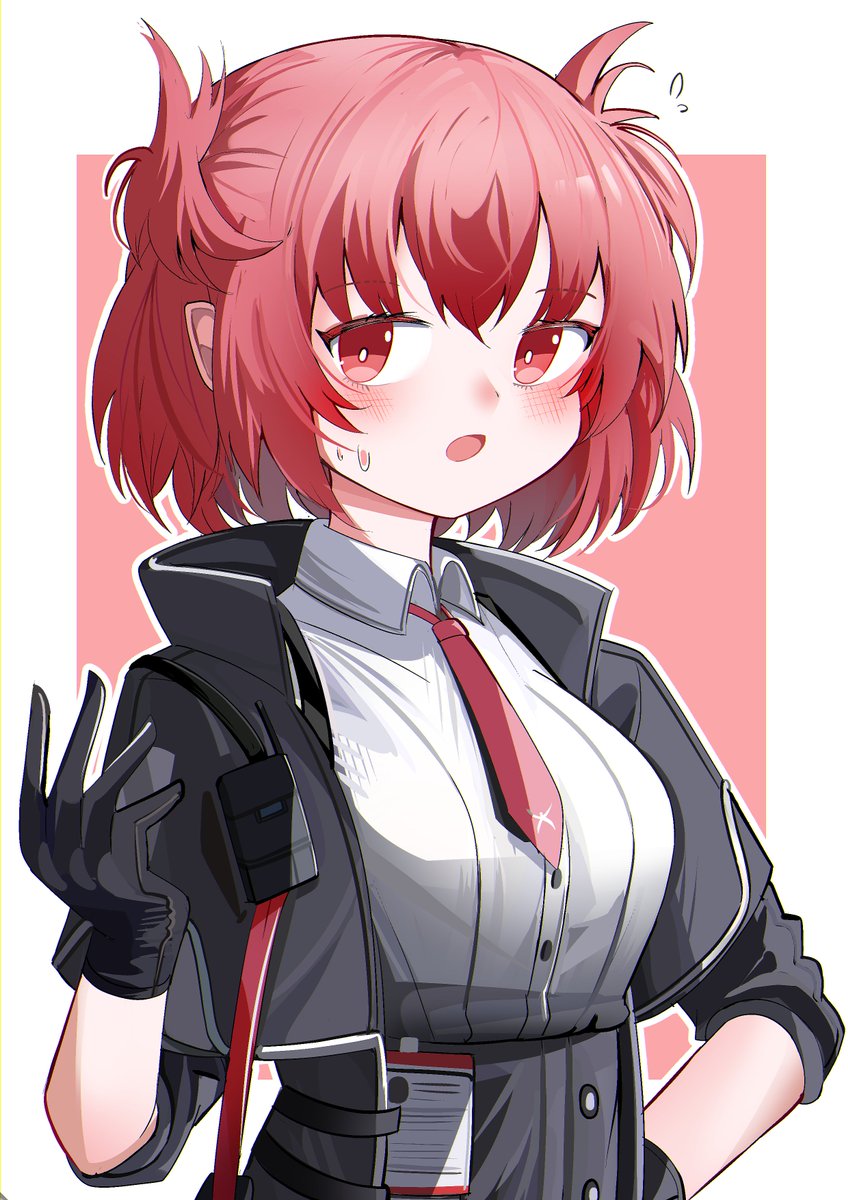 1girl :o arknights black_gloves black_jacket black_skirt blush breasts collared_shirt commentary_request cropped_jacket dress_shirt fiammetta_(arknights) flying_sweatdrops gloves hair_between_eyes hand_up high-waist_skirt highres jacket looking_at_viewer medium_breasts necktie open_clothes open_jacket open_mouth outline pink_background red_eyes red_necktie redhead shirt short_hair short_sleeves skirt solo spam_(spamham4506) sweat two-tone_background white_background white_outline white_shirt