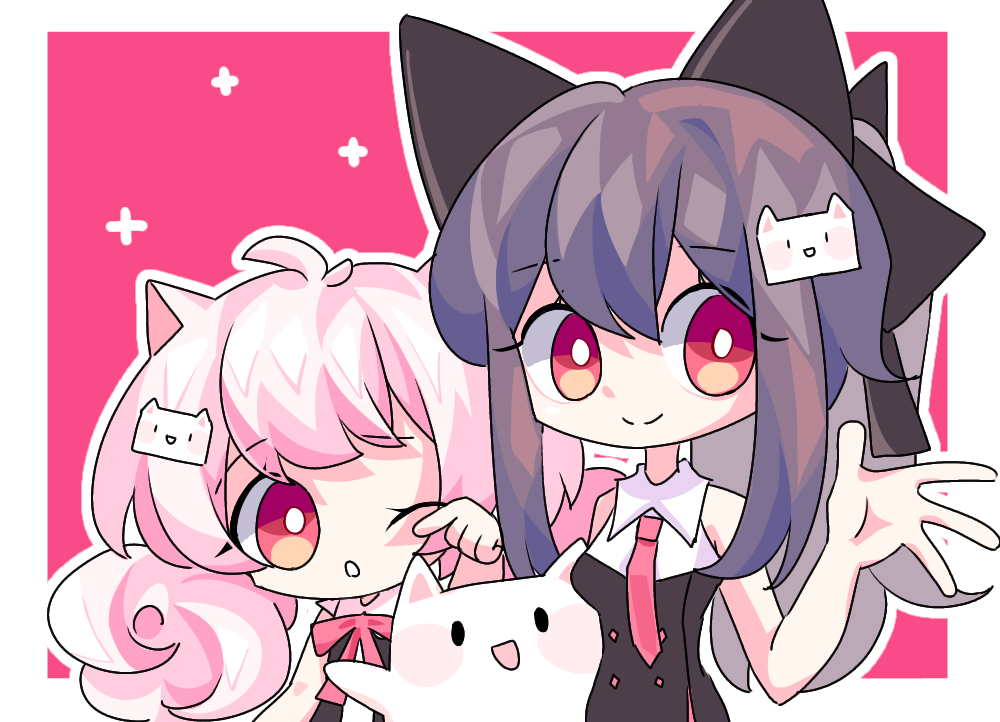 2girls ;o ahoge animal_ears bad_bcy_id bad_id bare_arms bare_shoulders black_bow black_eyes black_vest blush_stickers border bow bowtie brown_hair buttons cat cat_ears cat_hair_ornament chu_li closed_mouth collared_shirt eyelashes hair_bow hair_ornament hand_up long_hair looking_at_viewer low_twintails multiple_girls necktie one_eye_closed open_mouth original outside_border pink_background pink_bow pink_bowtie pink_hair pink_necktie red_eyes rubbing_eyes shirt simple_background sleeveless sleeveless_shirt smile solid_oval_eyes sparkle straight_hair twintails upper_body vest waving white_border white_shirt