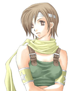 1girl alternate_costume armlet brown_eyes brown_hair commentary crop_top crossed_arms expressionless final_fantasy final_fantasy_vii green_shirt hair_over_shoulder headband lowres rendezvous scarf shirt short_hair simple_background solo star_(symbol) upper_body white_background yellow_scarf yuffie_kisaragi