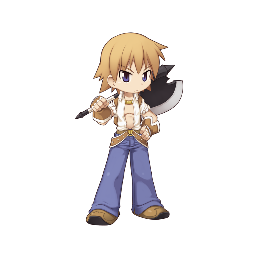 1boy :/ axe belt blacksmith_(ragnarok_online) blue_pants brown_belt brown_footwear brown_gloves chibi closed_mouth fingerless_gloves full_body gloves hand_on_own_hip holding holding_axe light_brown_hair looking_at_viewer male_focus medium_bangs official_art open_clothes open_shirt pants ragnarok_online shirt shoes short_hair short_sleeves simple_background solo standing tachi-e transparent_background unbuttoned unbuttoned_shirt v-shaped_eyebrows violet_eyes white_shirt yuichirou