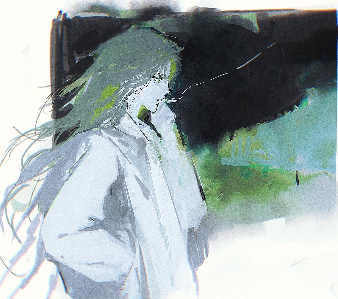 1girl cigarette from_side green_eyes green_hair hand_in_pocket hand_up holding holding_cigarette jacket kny_yy long_hair long_sleeves multicolored_background original profile shirt smoke smoking solo upper_body white_shirt