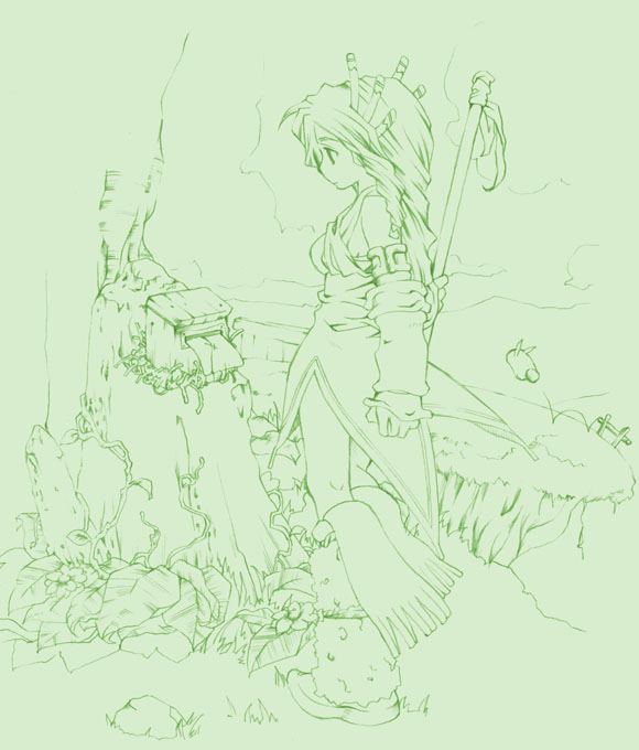1girl armlet bad_id boots breasts cliff clouds cloudy_sky curly_hair day detached_sleeves dress expressionless fence flower from_side full_body fur-trimmed_boots fur_trim grass green_theme hair_ornament halterneck hand_up holding holding_staff imu_(lom) knee_boots leaf legend_of_mana lineart long_hair looking_down monochrome on_grass outdoors rendezvous rock seiken_densetsu sky solo staff standing