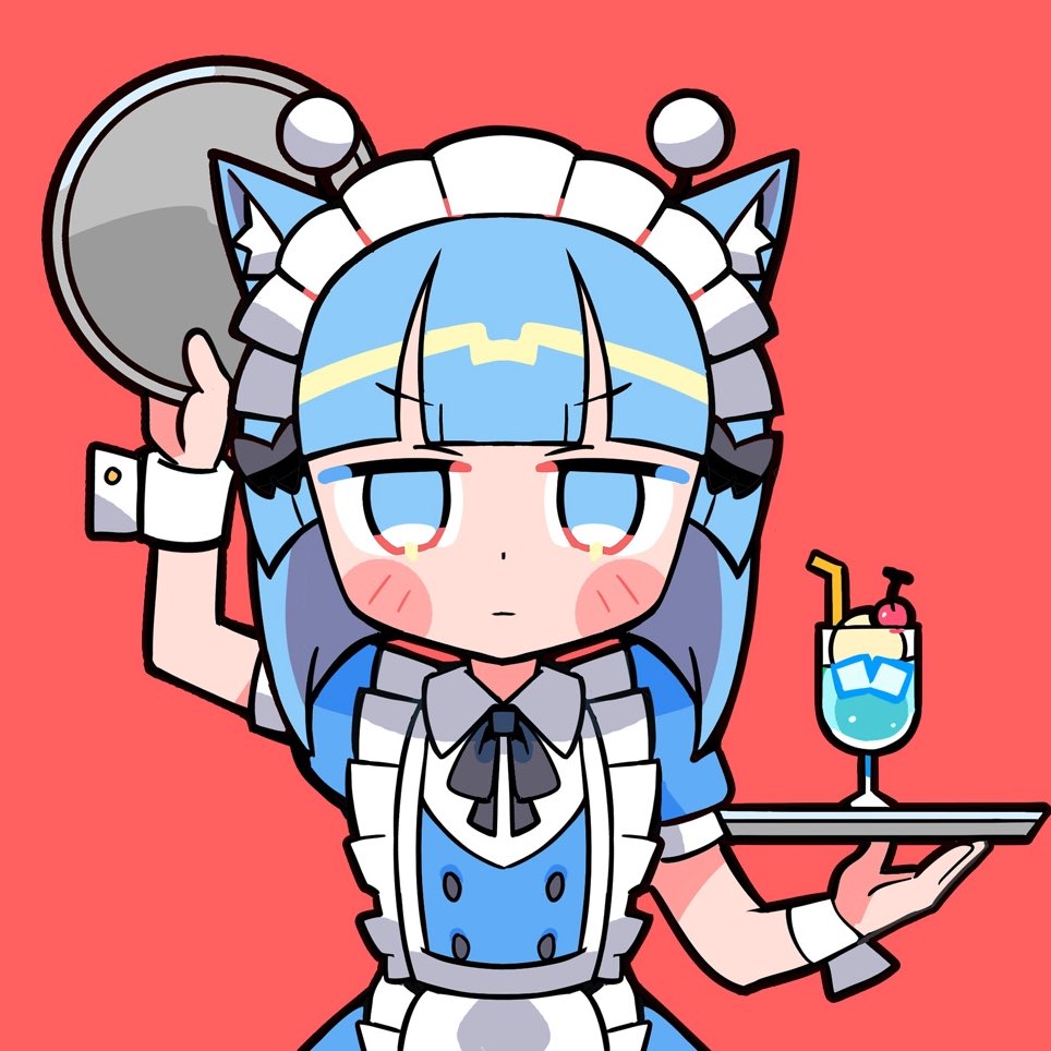 1girl animal_ear_fluff animal_ears antennae apron arm_up black_bow black_bowtie blue_dress blue_eyes blue_sleeves blunt_bangs blush_stickers bow bowtie buttons cat_ears check_copyright cherry closed_mouth collared_shirt commentary_request copyright_request cowboy_shot cup dress drinking_glass drinking_straw food frilled_apron frills fruit hair_bow holding holding_tray ice ice_cream ice_cream_float ice_cube light_frown maid maid_headdress original puffy_short_sleeves puffy_sleeves red_background shirt short_sleeves simple_background soda solo straight-on terada_tera tray v-neck v-shaped_eyebrows white_apron white_headdress white_shirt white_wrist_cuffs wine_glass wrist_cuffs
