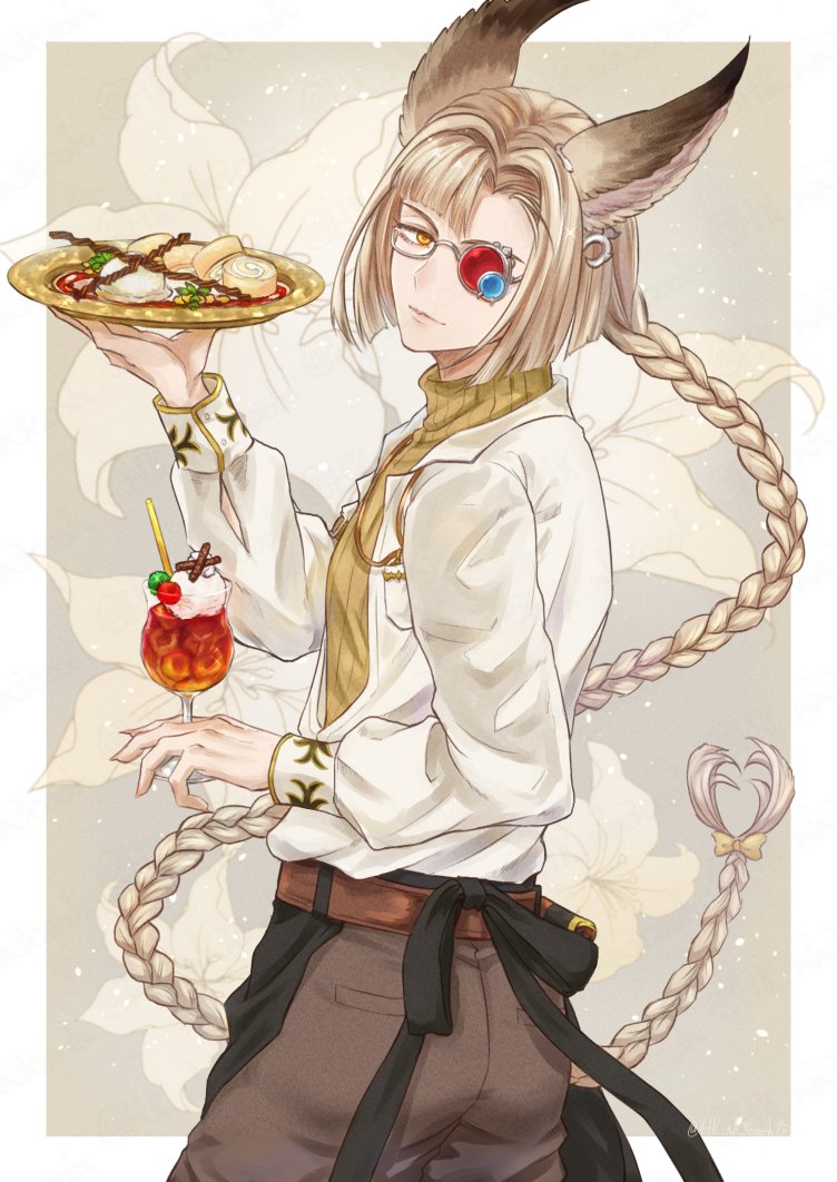1boy animal_ears apron asymmetrical_bangs asymmetrical_eyewear belt black_apron blonde_hair blunt_ends bob_cut border bow braid brown_background brown_belt brown_pants cake cherry closed_mouth cowboy_shot cup drinking_glass drinking_straw erune fingernails floral_background food from_behind fruit glasses granblue_fantasy hair_bow heterochromatic_eyewear hk_nh3cooh holding holding_cup holding_plate ice_cream ice_cream_float jacket long_hair looking_at_viewer looking_back lu_woh_(granblue_fantasy) male_focus outside_border pants plate sharp_fingernails single_braid smile solo sweater swiss_roll turtleneck turtleneck_sweater very_long_hair waist_apron white_border white_jacket yellow_bow yellow_eyes yellow_sweater