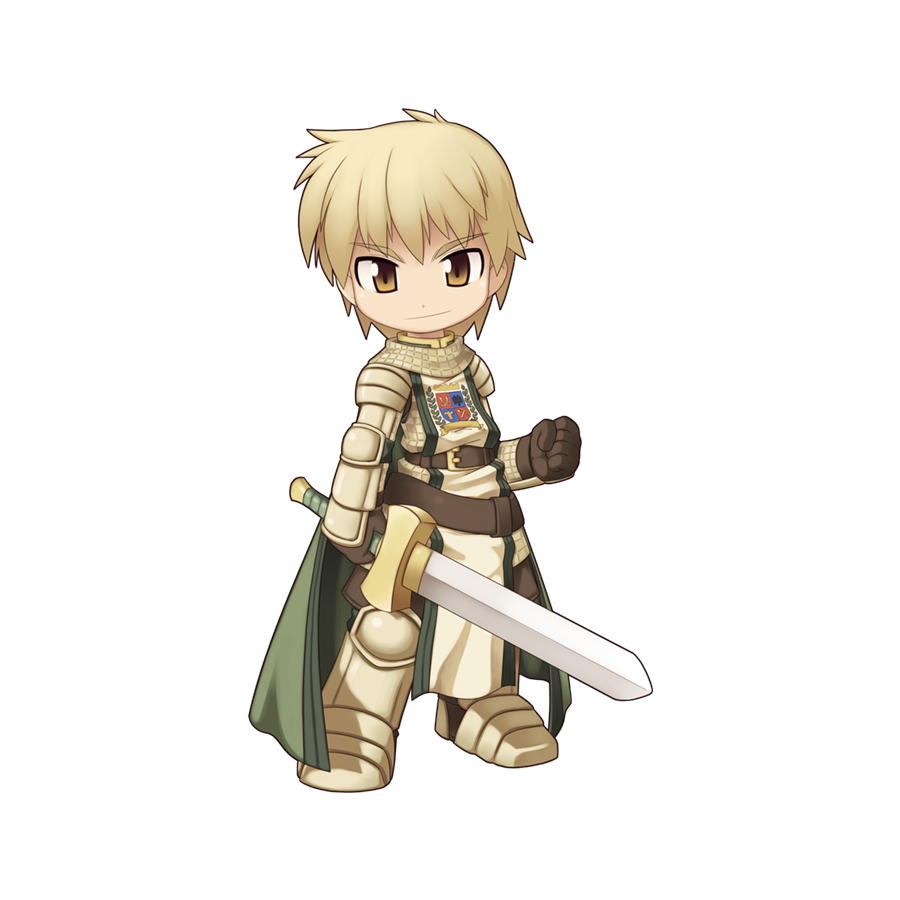1boy armor armored_boots belt blush boots brown_belt brown_eyes brown_pants cape chainmail chibi clenched_hand closed_mouth emblem full_body gauntlets green_cape knight_(ragnarok_online) looking_at_viewer male_focus medium_bangs official_art pants pauldrons ragnarok_online short_hair shoulder_armor simple_background smile solo standing sword tabard tachi-e transparent_background v-shaped_eyebrows weapon yuichirou