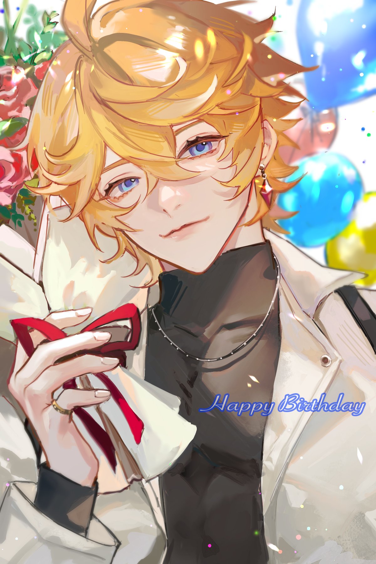 1boy balloon black_shirt blue_eyes bouquet closed_mouth drop_earrings earrings genshin_impact happy_birthday highres holding holding_bouquet jacket jewelry looking_at_viewer mayu_mey open_clothes open_jacket orange_hair ring shirt smile solo tartaglia_(genshin_impact) tight_clothes tight_shirt turtleneck white_jacket
