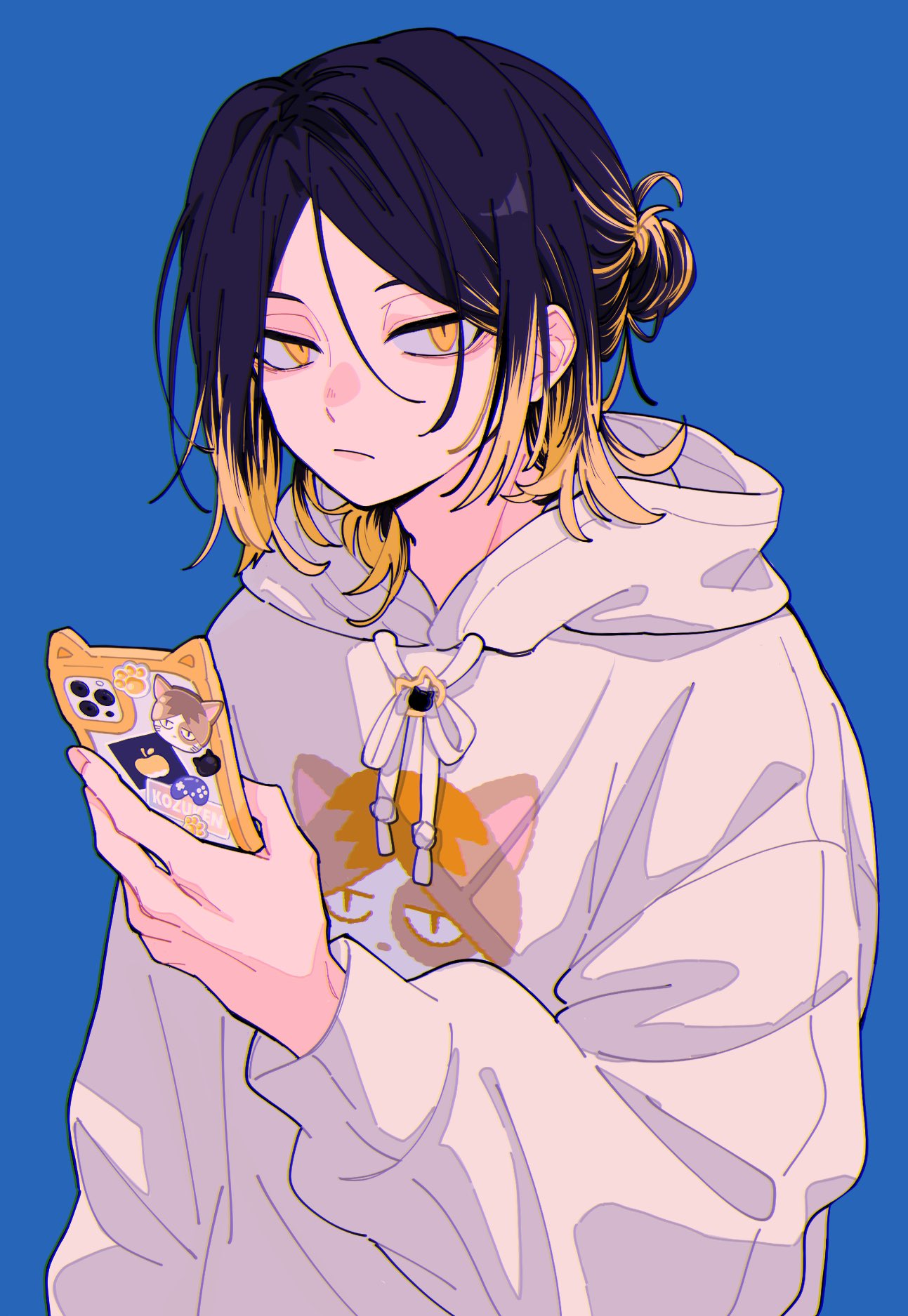 1boy animal_print black_hair blonde_hair blue_background cat_print cellphone character_request commentary copyright_request haikyuu!! highres holding holding_phone hood hoodie kozume_kenma looking_at_viewer multicolored_hair nasi_w2 phone simple_background slit_pupils smartphone solo sticker symbol-only_commentary two-tone_hair white_hoodie yellow_eyes