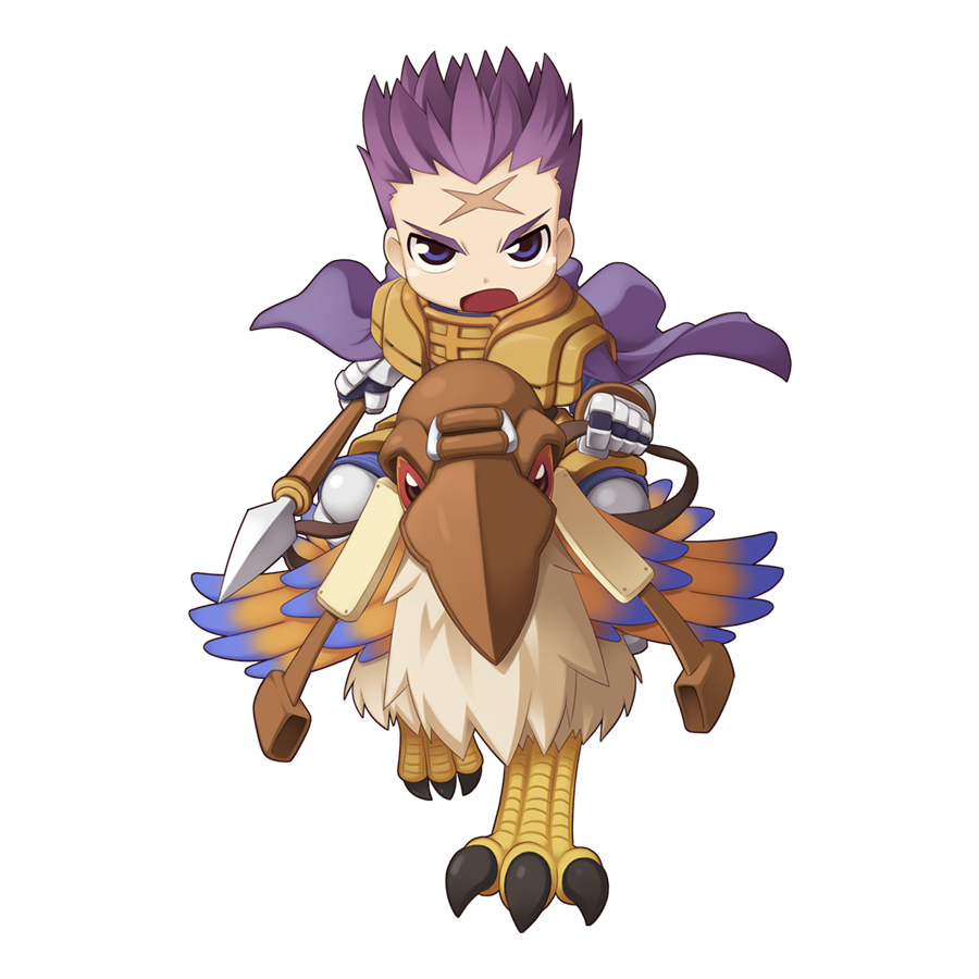 1boy armor armored_boots bird boots breastplate cape chibi cross cross_scar crusader_(ragnarok_online) full_body gauntlets holding holding_polearm holding_weapon long_sleeves looking_at_viewer male_focus official_art open_mouth pauldrons peco_peco polearm purple_cape purple_hair ragnarok_online reins riding riding_bird saddle scar scar_on_face scar_on_forehead short_hair shoulder_armor simple_background solo spear spiky_hair tabard tachi-e transparent_background v-shaped_eyebrows weapon yuichirou