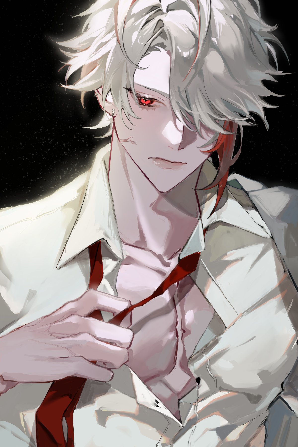 1boy alhaitham_(genshin_impact) black_background closed_mouth dress_shirt earrings genshin_impact hand_up highres jewelry mayu_mey multicolored_hair muscular muscular_male necktie open_clothes open_shirt partially_unbuttoned pectorals red_eyes red_necktie redhead removing_necktie shirt short_hair simple_background solo streaked_hair upper_body white_hair white_shirt