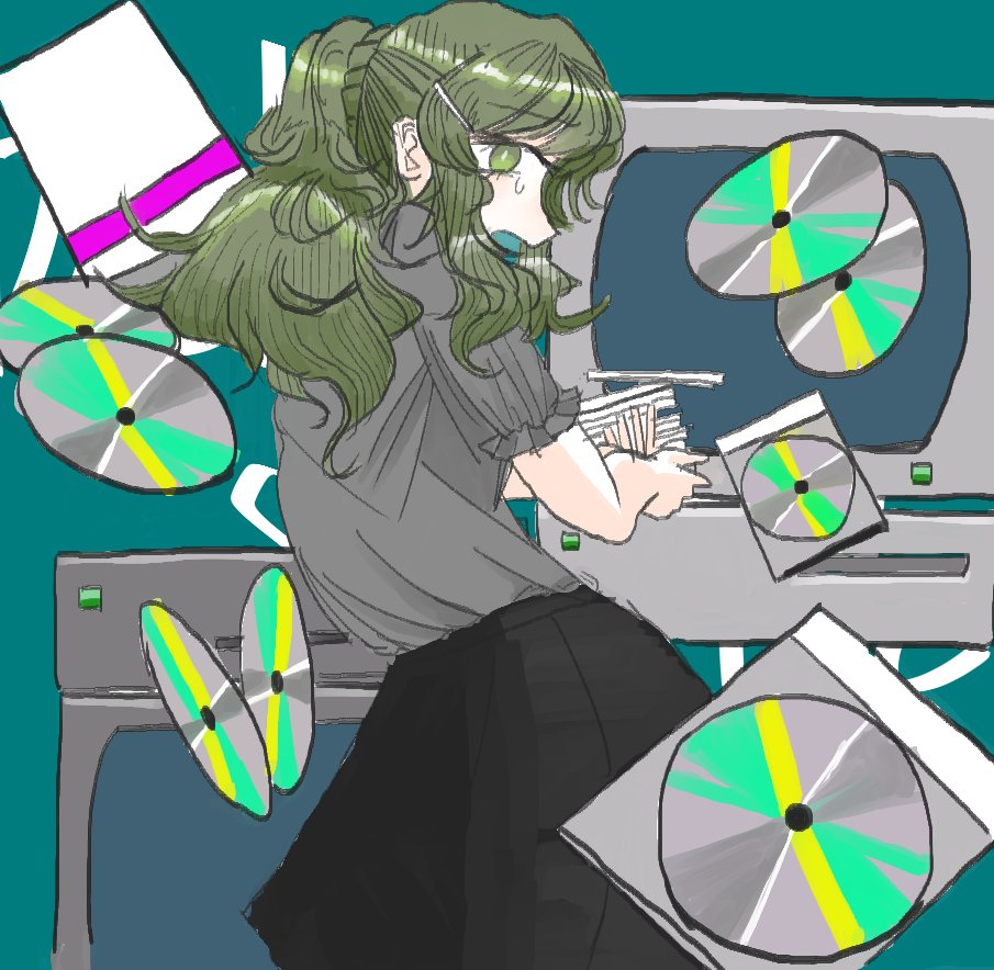 1girl black_skirt cd cd_case commentary crt from_behind green_eyes green_hair grey_shirt hair_ornament hairclip looking_to_the_side open_mouth original ponytail shirt sk76376502 skirt solo sweat symbol-only_commentary television
