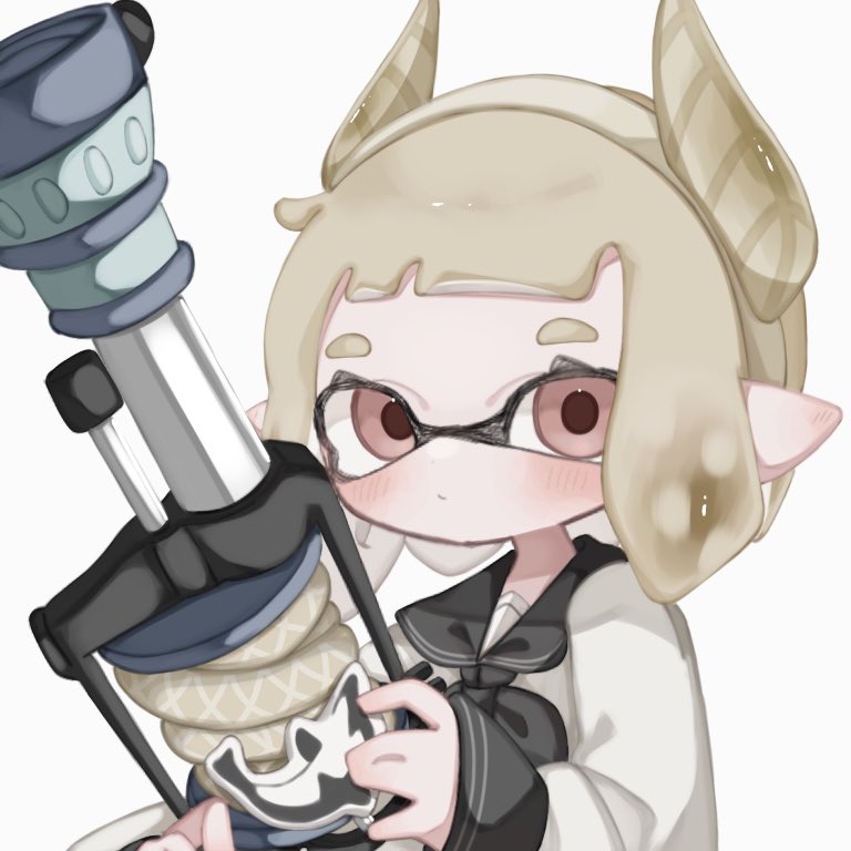 1girl blonde_hair closed_mouth fake_horns gun h-3_nozzlenose_(splatoon) hairband holding holding_gun holding_weapon horn_hairband horns inkling inkling_girl inkling_player_character medium_hair pointy_ears red_eyes ryme_spla simple_background solo splatoon_(series) splatoon_3 tentacle_hair thick_eyebrows upper_body weapon white_background yellow_hairband