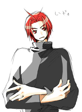 1boy antenna_hair bad_id black_jacket character_request commentary_request copyright_request crossed_arms expressionless high_collar jacket long_sleeves looking_to_the_side lowres male_focus redhead rendezvous short_hair simple_background solo translation_request upper_body white_background