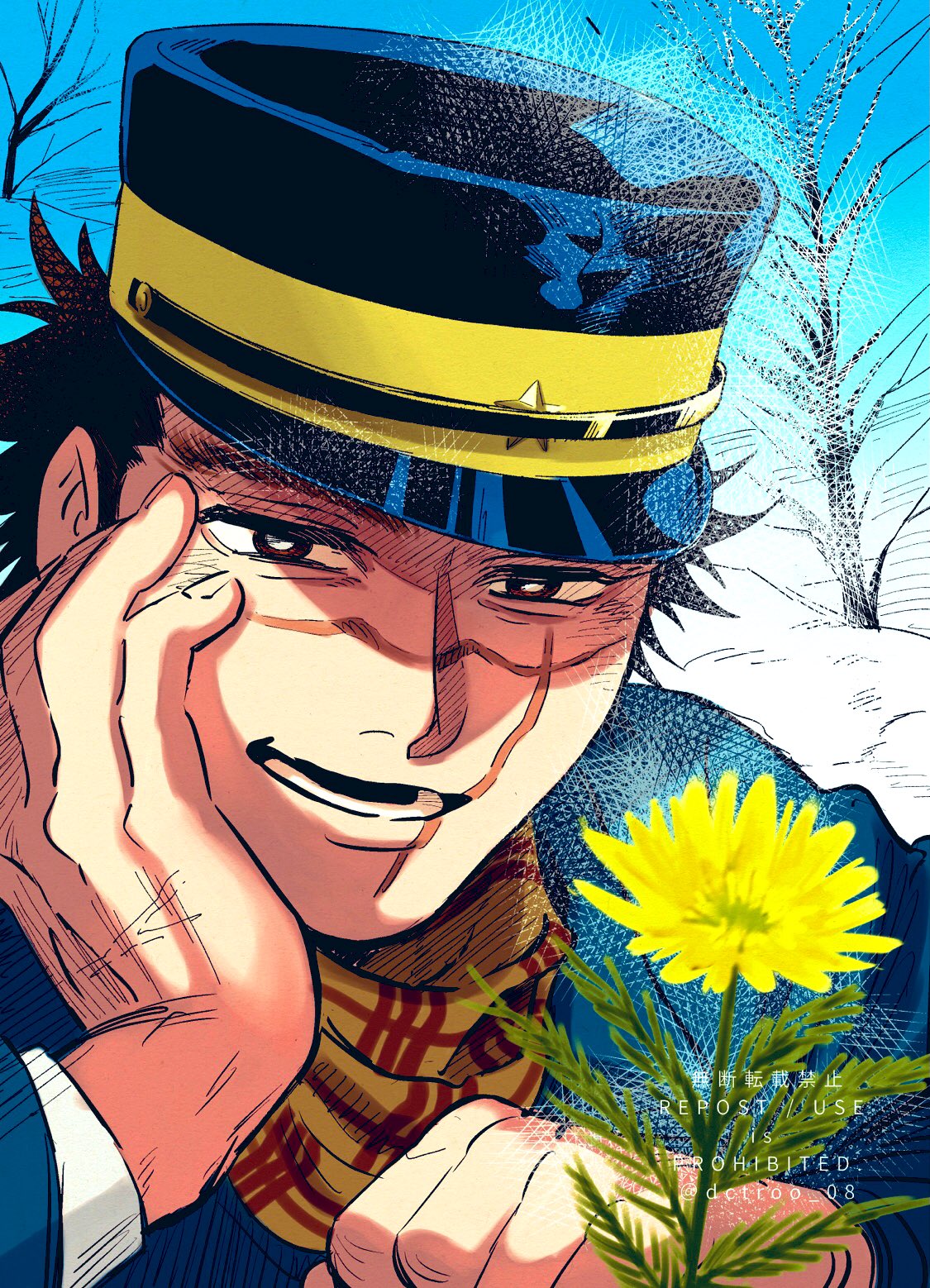1boy bare_tree blue_jacket close-up commentary_request dctroo_08 flower golden_kamuy hand_on_own_cheek hand_on_own_face hat highres jacket long_sleeves looking_at_flowers male_focus military_hat military_uniform scar scar_on_face scarf short_hair sky snow solo spiky_hair sugimoto_saichi tree twitter_username uniform yellow_flower
