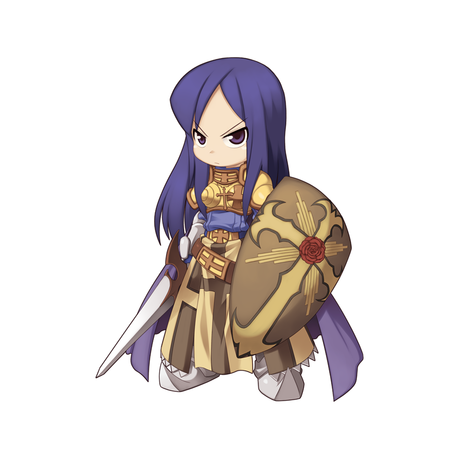 1girl 2000s_(style) armor armored_boots blue_shirt boobplate boots brown_skirt cape chibi closed_mouth cross crusader_(ragnarok_online) frown full_body gauntlets holding holding_shield holding_sword holding_weapon long_hair long_sleeves looking_at_viewer official_art pants pauldrons purple_cape purple_hair ragnarok_online shield shirt shoulder_armor simple_background skirt solo standing sword tachi-e transparent_background v-shaped_eyebrows violet_eyes weapon yuichirou