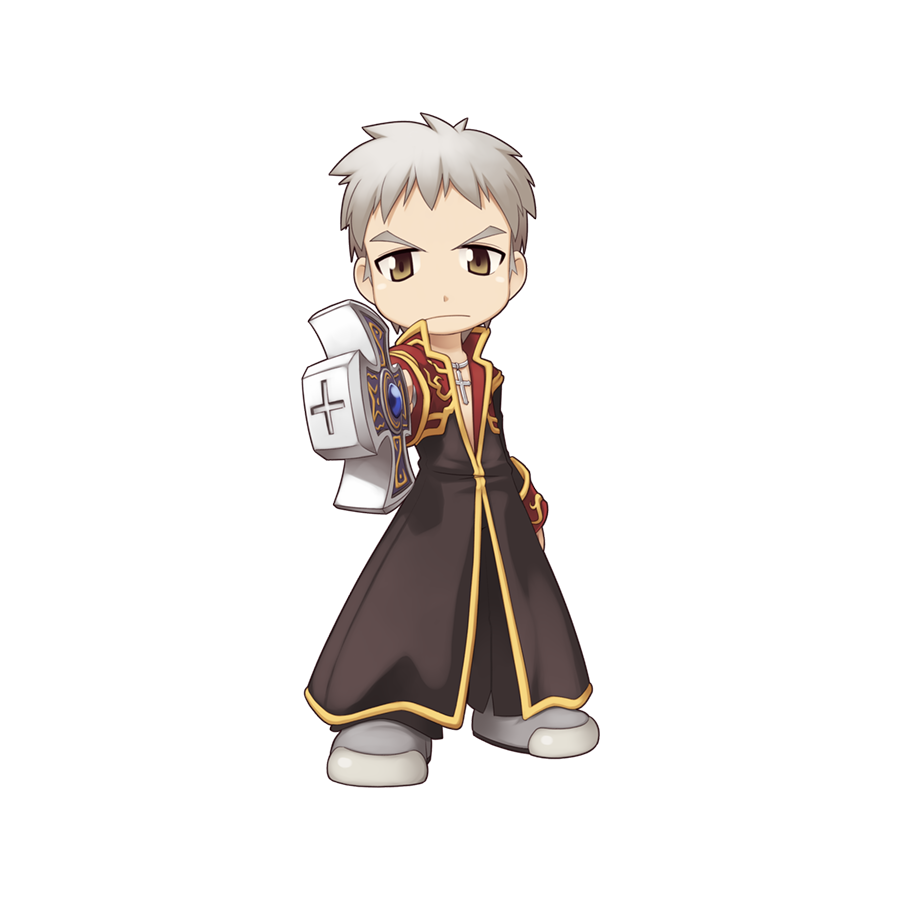 1boy black_coat black_pants brown_eyes chibi closed_mouth coat cross cross_necklace frown full_body gold_trim grey_footwear grey_hair jewelry large_cross long_sleeves looking_at_viewer male_focus multicolored_coat necklace official_art open_clothes open_coat open_mouth pants priest_(ragnarok_online) ragnarok_online red_coat shoes short_bangs short_hair simple_background solo standing tachi-e tan transparent_background two-tone_coat very_short_hair yuichirou