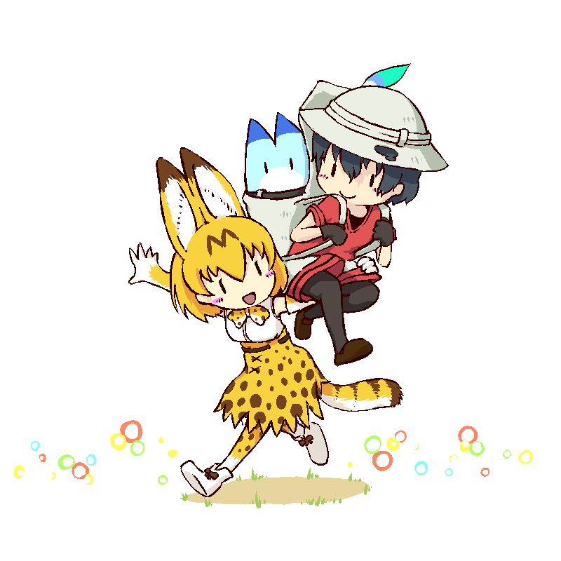 2girls animal_ears asimofu backpack bag black_hair black_pantyhose blonde_hair blush_stickers bow bowtie brown_footwear cat_ears cat_tail commentary_request elbow_gloves extra_ears full_body gloves hair_between_eyes hat hat_feather helmet high-waist_skirt holding_strap in_bag in_container kaban_(kemono_friends) kemono_friends lucky_beast_(kemono_friends) multiple_girls open_mouth orange_bow orange_bowtie pantyhose pith_helmet print_bow print_bowtie print_gloves print_skirt print_thighhighs red_shirt running serval_(kemono_friends) serval_print shirt shoes short_hair short_sleeves shorts simple_background sitting_on_arm skirt sleeveless sleeveless_shirt smile striped_tail tail thigh-highs two-tone_bowtie white_background white_bow white_bowtie white_footwear white_shirt |_|