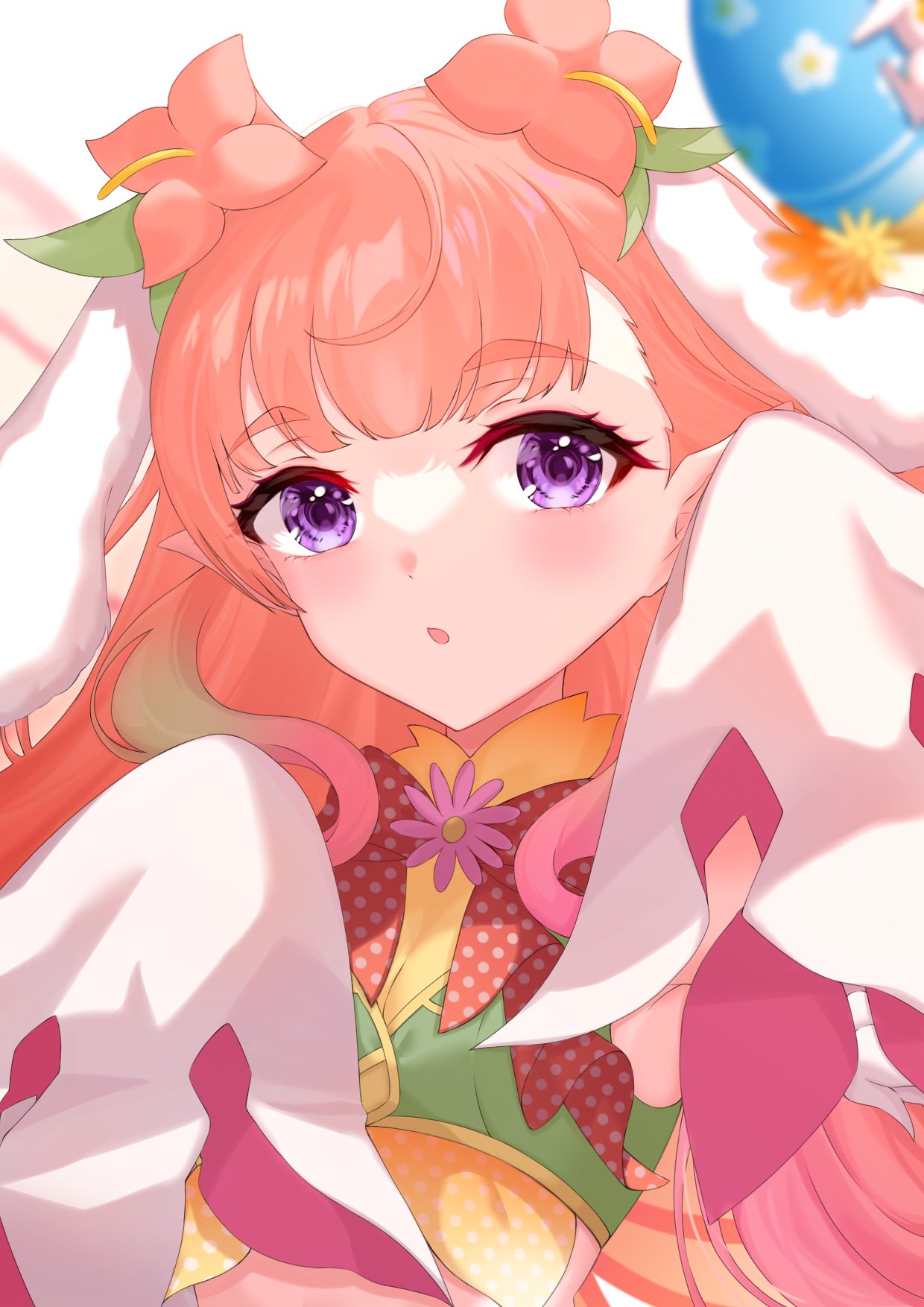 1girl :o animal_ears blunt_bangs easter_egg egg ell_0314 eyelashes fake_animal_ears fire_emblem fire_emblem_heroes highres long_hair long_sleeves looking_at_viewer mirabilis_(fire_emblem) mirabilis_(spring)_(fire_emblem) official_alternate_costume open_mouth pink_hair pointy_ears rabbit_ears sleeves_past_fingers sleeves_past_wrists solo upper_body very_long_hair violet_eyes white_background