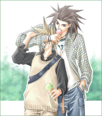 2boys alternate_costume anger_vein annoyed arm_up bad_id bag black_hair black_shirt blonde_hair blue_eyes bracelet brown_pants brown_sweater_vest cloud_strife collared_shirt commentary_request contemporary covering_another's_eyes day denim eating final_fantasy final_fantasy_vii foliage food food_in_mouth frown hand_in_pocket hand_on_another's_arm hand_up happy holding holding_food holding_ice_cream ice_cream ice_cream_cone jeans jewelry layered_shirt long_hair long_sleeves looking_to_the_side lowres male_focus multiple_boys necklace open_clothes open_shirt outdoors outline pants plaid plaid_shirt rendezvous shirt shoulder_bag smile spiky_hair standing sweater_vest thick_eyebrows upper_body vest white_outline white_shirt white_vest zack_fair
