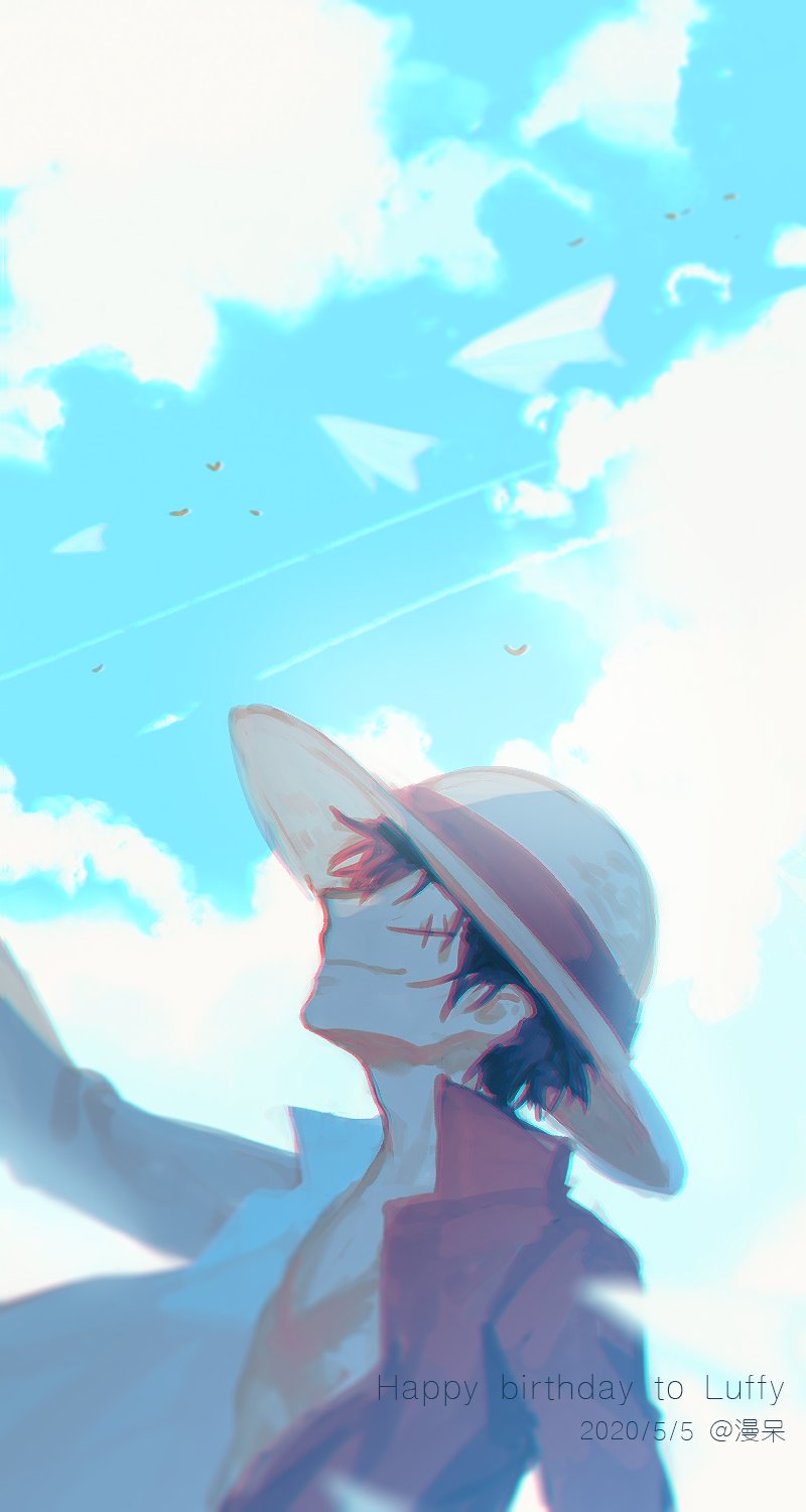 1boy 2020 arm_up beard black_hair chinese_commentary clouds collared_shirt commentary_request dated facial_hair fish191101756 happy_birthday hat highres male_focus monkey_d._luffy one_piece open_clothes open_shirt profile red_shirt scar scar_on_chest scar_on_face shirt short_hair sky smile solo straw_hat upper_body