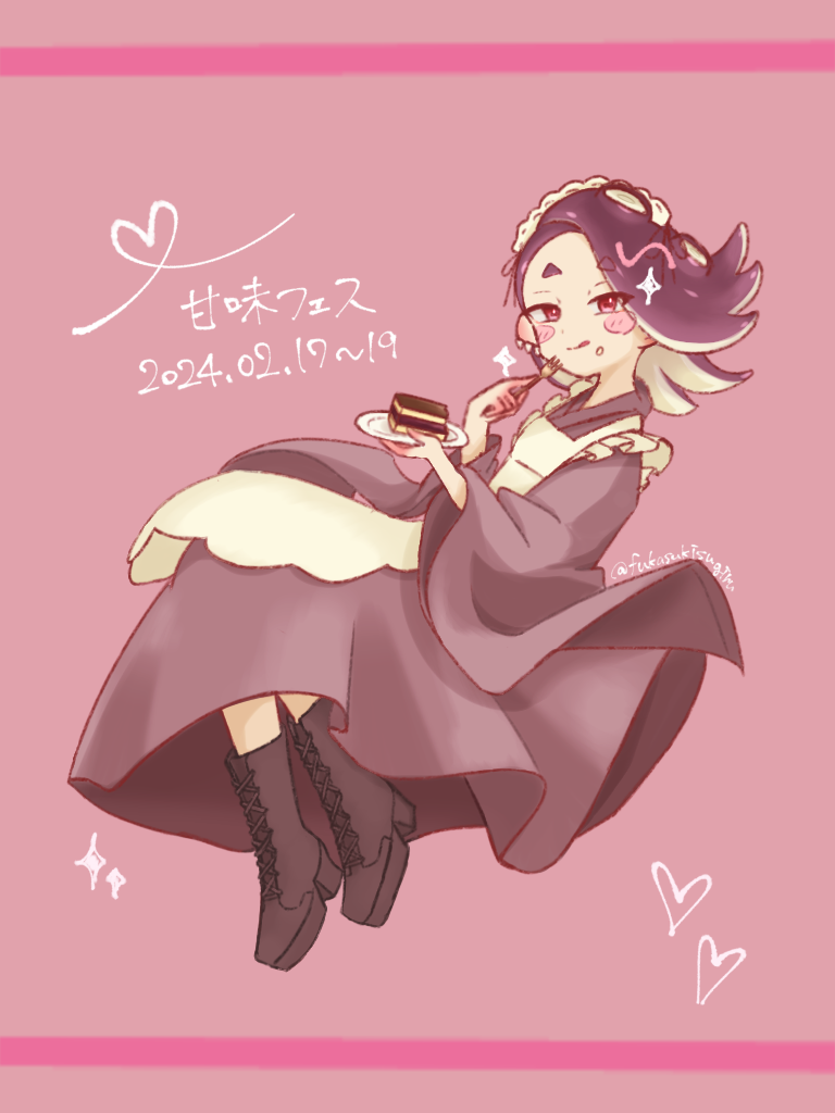 1girl :q apron boots commentary_request cross-laced_footwear dated dress eating fork fukasukisugiru full_body hachimaki headband heart holding holding_fork holding_plate looking_at_viewer medium_hair nejiri_hachimaki octoling pink_background plate purple_dress purple_footwear purple_hair redhead shiver_(splatoon) simple_background solo sparkle splatoon_(series) splatoon_3 tentacle_hair thick_eyebrows tongue tongue_out tooth_earrings translation_request white_apron