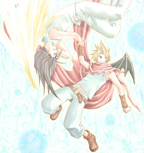 2boys abstract_background alternate_costume angel angel_wings arm_up arms_up bad_id bat_wings belt_buckle black_hair blonde_hair blue_background blue_eyes blue_pants blue_shirt boots bracer brown_footwear buckle cape closed_eyes cloud_strife commentary_request feathered_wings final_fantasy final_fantasy_vii flying full_body grin hair_over_one_eye hand_on_own_face happy holding_another's_wrist holding_hands in-franchise_crossover kingdom_hearts kingdom_hearts_i leather_belt long_hair looking_at_another male_focus midriff_peek multiple_boys navel pants red_cape rendezvous rotational_symmetry shirt single_wing sleeveless sleeveless_shirt sleeveless_turtleneck smile spiky_hair torn_cape torn_clothes turtleneck turtleneck_shirt upside-down white_pants white_shirt white_wings wings yellow_wings zack_fair