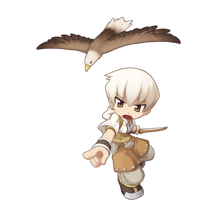 1boy bird boots bow_(weapon) brown_eyes brown_footwear brown_shirt brown_shorts chibi cropped_jacket eagle full_body grey_pants holding holding_bow_(weapon) holding_weapon hunter_(ragnarok_online) jacket male_focus medium_bangs official_art open_mouth pants pants_under_shorts pointing ragnarok_online shirt short_hair short_sleeves shorts simple_background solo standing tachi-e transparent_background v-shaped_eyebrows weapon white_hair white_jacket wristband yuichirou