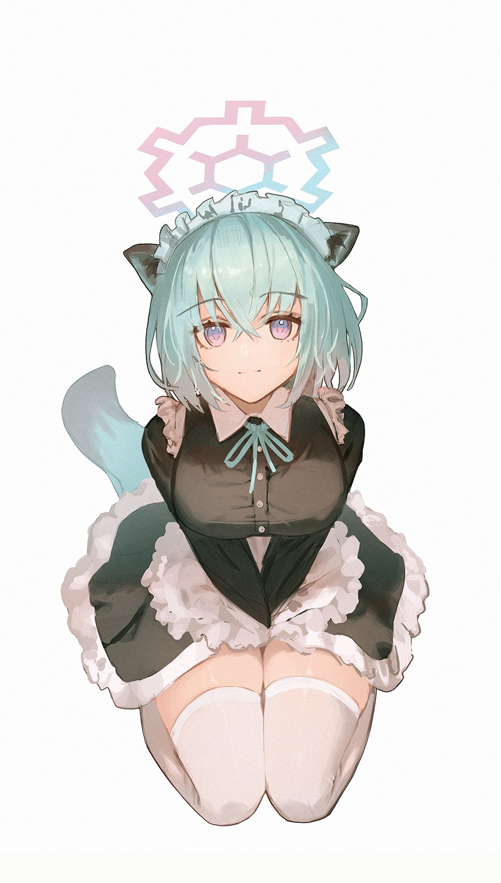 1girl alternate_costume animal_ears black_dress blue_archive breasts closed_mouth dress enmaided flippy_(cripine111) green_hair highres large_breasts long_sleeves looking_at_viewer maid maid_headdress medium_hair shigure_(blue_archive) smile solo tail thigh-highs violet_eyes weasel_ears weasel_tail white_thighhighs