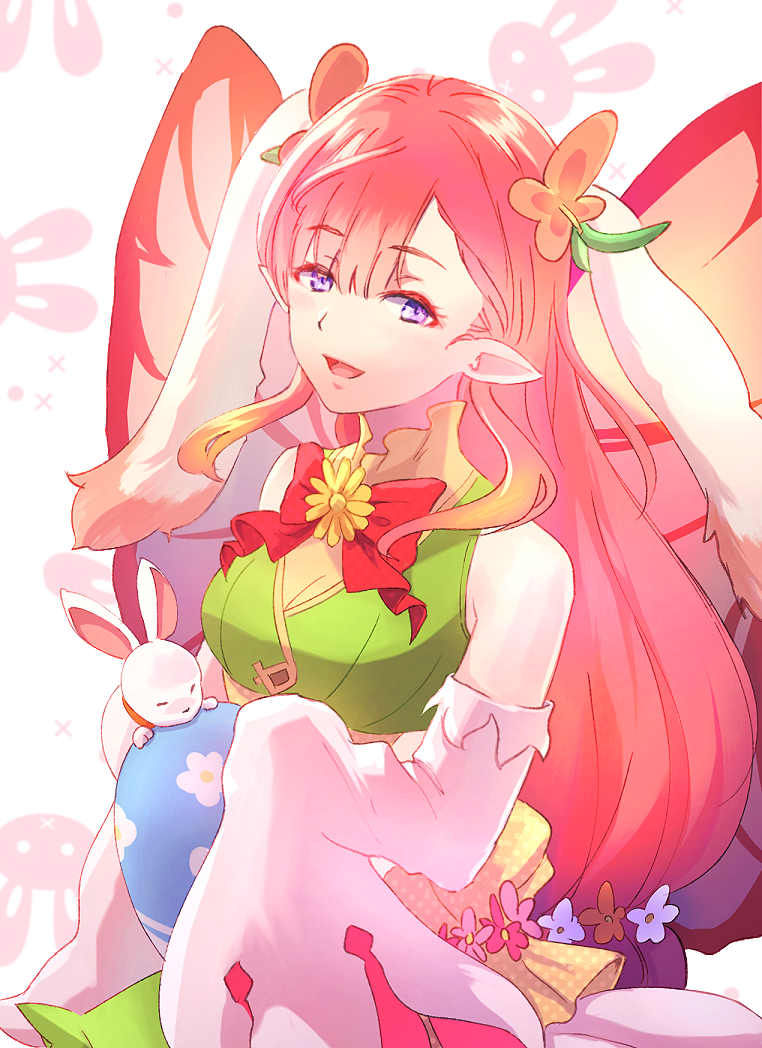 1girl :d animal_ears bare_shoulders easter egg fairy fairy_wings fake_animal_ears fire_emblem fire_emblem_heroes green_skirt mirabilis_(fire_emblem) mirabilis_(spring)_(fire_emblem) official_alternate_costume open_mouth pink_hair pointy_ears rabbit rabbit_ears riou_(pooh920) skirt sleeves_past_fingers sleeves_past_wrists smile solo very_long_sleeves violet_eyes wings