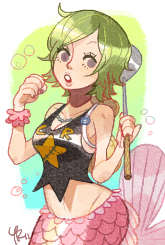 1girl bag black_shirt border bracelet bubble camie_(one_piece) cowboy_shot english_commentary gradient_background green_hair holding holding_ladle jewelry ladle looking_to_the_side lowres mermaid monster_girl necklace one_piece shirt short_hair shoulder_bag sleeveless sleeveless_shirt solo tail white_border yongi