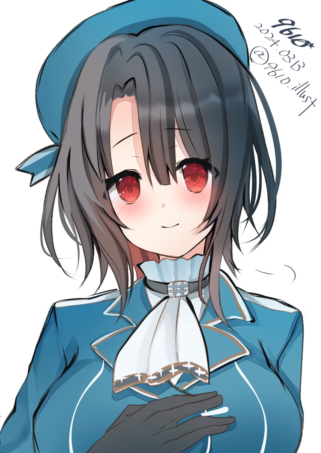 1girl 9610_(kuroto) ascot beret black_gloves black_hair blue_headwear blush breasts dated gloves hand_on_own_chest hat highres jacket kantai_collection large_breasts long_sleeves looking_at_viewer military_uniform red_eyes short_hair simple_background smile solo takao_(kancolle) twitter_username uniform white_background