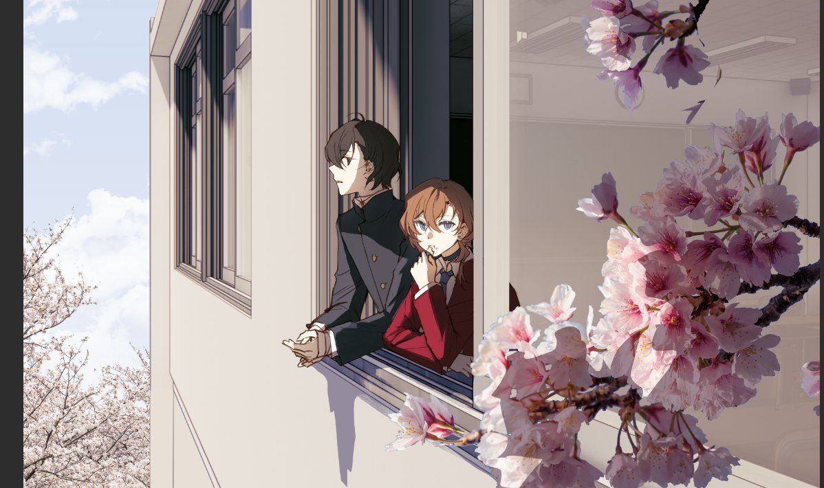 1boy 1girl :t ahoge arm_support black_eyes black_hair black_jacket blazer blue_eyes blue_necktie building buttons cherry_blossoms chewing classroom clouds cloudy_sky collared_jacket collared_shirt food gakuran holding holding_food jacket kleinlight leaning_out_of_window long_sleeves looking_ahead looking_at_viewer looking_outside medium_hair necktie open_mouth open_window orange_hair original own_hands_together photoshop_(medium) profile red_jacket school school_uniform shirt short_hair sidelocks sky upper_body white_shirt window