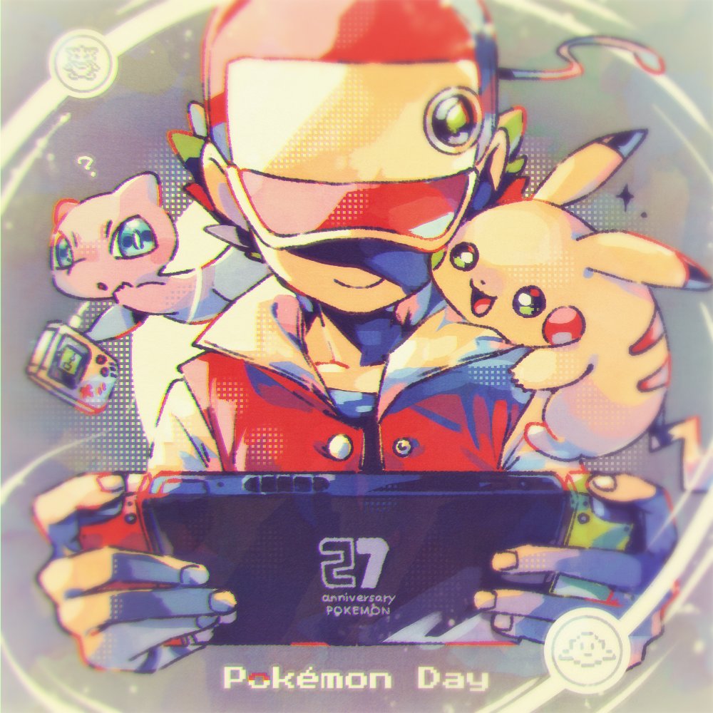 1boy ? baseball_cap blue_eyes closed_mouth colored_skin commentary_request copyright_name game_boy handheld_game_console hat holding holding_handheld_game_console male_focus matomarukun86 mew_(pokemon) nintendo_switch open_mouth pikachu pink_skin pokemon pokemon_(creature) pokemon_rgby red_(pokemon) red_headwear shaded_face smile sparkle tail yellow_skin
