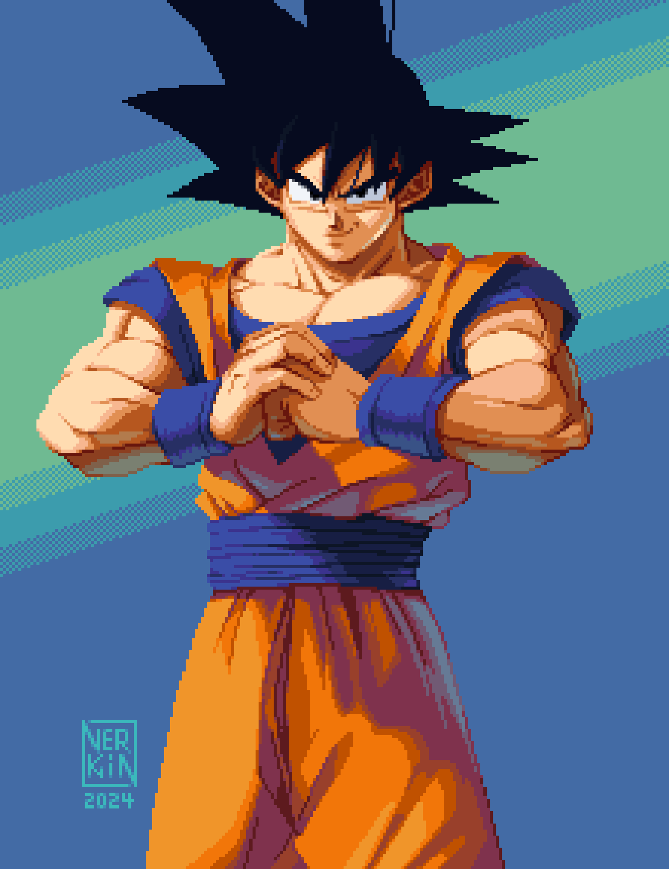 1boy absurdres black_eyes black_hair closed_mouth dated dougi dragon_ball dragon_ball_z hair_between_eyes highres looking_at_viewer male_focus muscular muscular_male nerkinpixel own_hands_together pixel_art signature simple_background smirk solo son_goku spiky_hair wristband