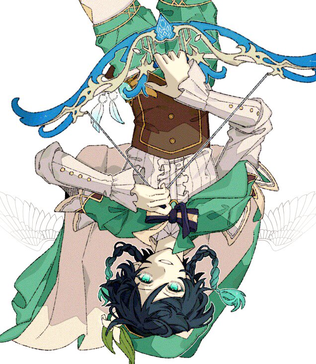 1boy aqua_eyes aqua_hair beret black_bow black_bowtie black_hair bow bow_(weapon) bowtie braid brown_corset buttons cape center_frills collared_cape commentary corset drawn_wings elegy_of_the_end_(genshin_impact) feathers floating_hair flower frilled_sleeves frills genshin_impact gradient_hair green_cape green_headwear green_shorts hair_between_eyes hair_flower hair_ornament hand_up hat holding holding_bow_(weapon) holding_weapon lira_(zag3w) long_sleeves looking_at_viewer male_focus medium_hair multicolored_hair parted_bangs parted_lips pom_pom_(clothes) shirt short_shorts shorts side_braids simple_background smile solo swept_bangs symbol-only_commentary tilted_headwear twin_braids two-sided_cape two-sided_fabric upside-down venti_(genshin_impact) vision_(genshin_impact) weapon white_background white_flower white_shirt wings