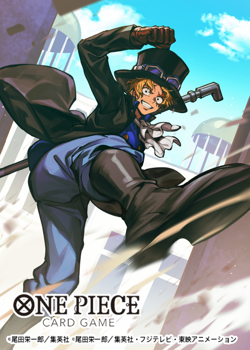 1boy ascot black_eyes black_headwear blonde_hair clenched_teeth commentary_request english_text goggles goggles_on_headwear hat highres holding holding_weapon lead_pipe male_focus official_art one_piece outdoors sabo_(one_piece) scar scar_across_eye scar_on_face short_hair smile solo sunohara_(encount) teeth top_hat translation_request weapon white_ascot