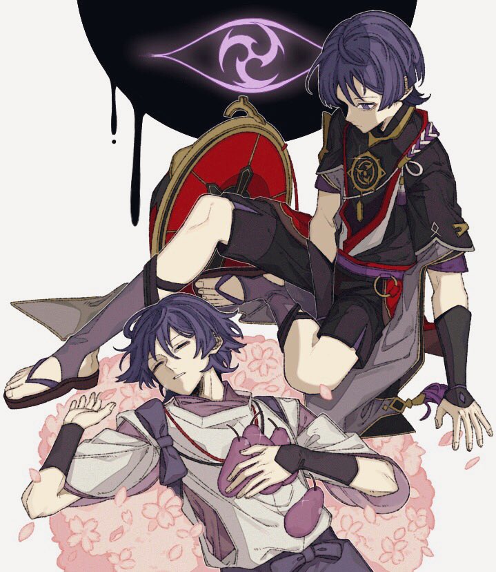 2boys arm_support armor black_background black_shirt black_shorts bow cherry_blossoms closed_eyes closed_mouth commentary_request dual_persona flower food frown fruit genshin_impact hair_between_eyes hand_up hat holding holding_food holding_fruit japanese_armor japanese_clothes jewelry jingasa kimono kote kurokote lavender_melon_(genshin_impact) layered_sleeves lira_(zag3w) long_hair looking_at_another looking_down lying male_focus multiple_boys necklace on_back parted_lips petals pink_flower purple_bow purple_hair purple_kimono red_headwear rope sandals sash scaramouche_(genshin_impact) scaramouche_(kabukimono)_(genshin_impact) shirt short_hair short_sleeves shorts sidelocks simple_background sitting sleeping sparkle tassel unworn_hat unworn_headwear very_long_hair vest violet_eyes white_background white_vest