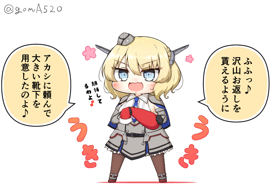 1girl black_pantyhose blonde_hair blue_eyes blue_necktie braid breasts capelet chibi colorado_(kancolle) commentary_request dress elbow_gloves full_body garrison_cap gloves goma_(yoku_yatta_hou_jane) grey_capelet grey_dress grey_gloves grey_headwear hat headgear kantai_collection necktie open_mouth pantyhose sack shirt short_hair side_braids sideboob sideless_shirt simple_background sleeveless sleeveless_shirt smile solo standing translation_request twitter_username wavy_mouth white_background white_shirt