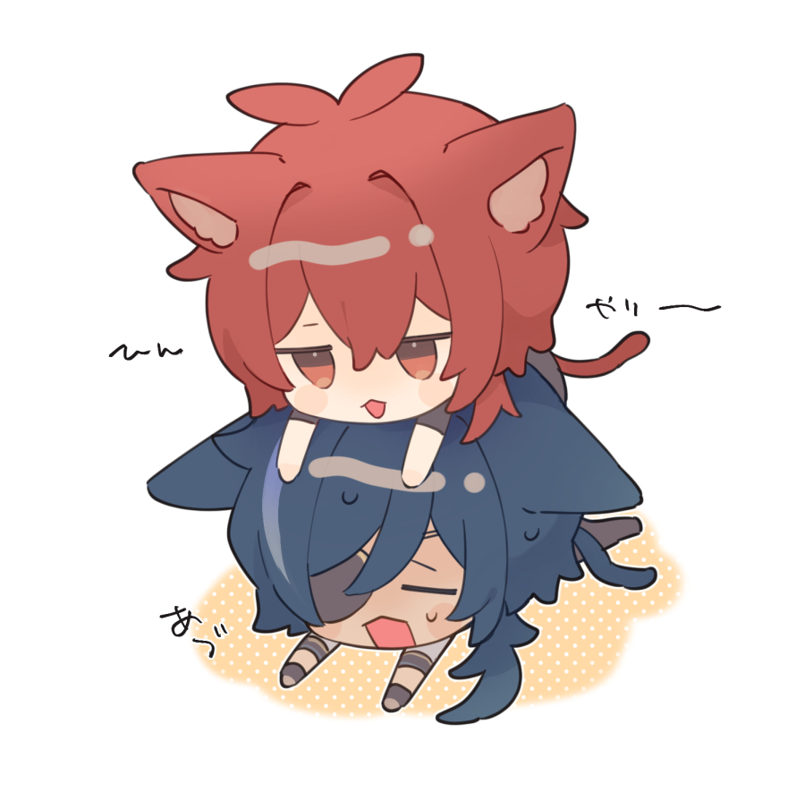 2boys :p animal_ear_fluff animal_ears blue_hair blush cat_boy cat_ears cat_tail closed_eyes commentary_request diluc_(genshin_impact) eyepatch genshin_impact hair_between_eyes hair_intakes kaeya_(genshin_impact) koma_(km_mmmk) long_hair lying male_focus multicolored_hair multiple_boys on_head on_stomach one_eye_covered open_mouth orange_background parted_bangs polka_dot polka_dot_background ponytail red_eyes redhead sidelocks simple_background streaked_hair sweat swept_bangs tail tongue tongue_out white_background