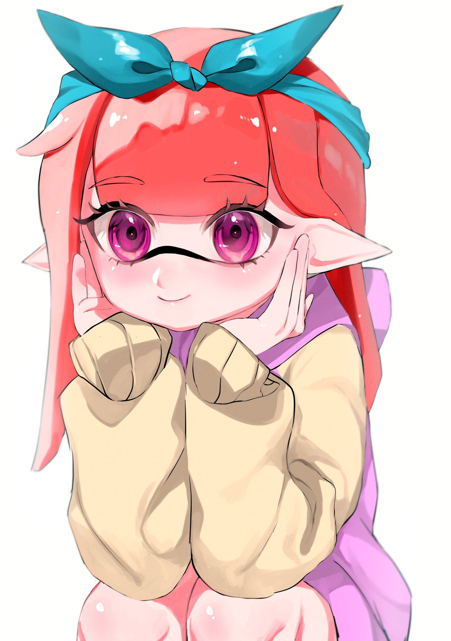 1girl blue_bow blue_hairband bow bow_hairband closed_mouth commentary_request eyelashes hair_bow hairband highres hood hoodie inkling inkling_girl inkling_player_character long_hair looking_at_viewer pink_hoodie redhead simple_background sleeves_past_wrists smile solo splatoon_(series) squatting tentacle_hair two-tone_hoodie violet_eyes vmux3442 white_background yellow_hoodie