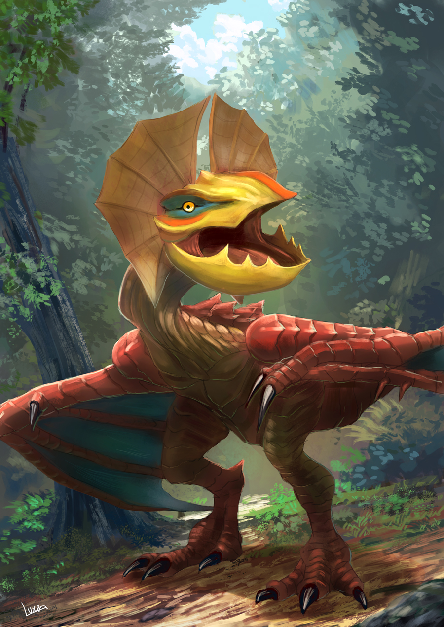 beak bearluxe clouds dirt dragon forest grass highres looking_at_viewer monster monster_focus monster_hunter_(series) nature open_mouth outdoors red_scales scales sky solo standing tree wings wyvern yellow_eyes yian_kut-ku