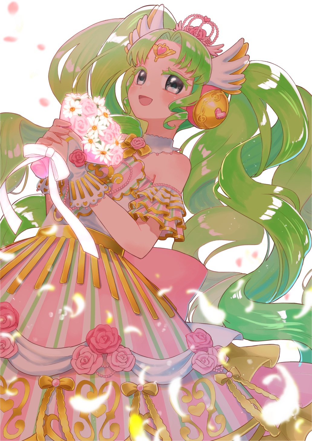 1girl :d bare_shoulders bouquet bridal_gauntlets colored_eyelashes cowboy_shot detached_collar detached_sleeves dress falulu falulu_(awakened) feathers floral_print flower forehead_jewel gold_trim green_hair grey_eyes hands_up headphones highres holding holding_bouquet idol_clothes jinno_(jin_c_kkry) long_hair looking_at_viewer open_mouth own_hands_together parted_bangs pink_dress pink_flower pink_rose pretty_series pripara rose sidelocks simple_background smile solo standing strapless strapless_dress twintails very_long_hair white_background white_flower