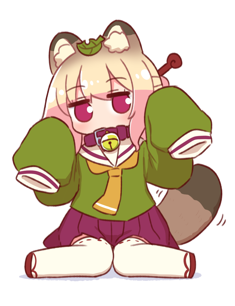 1girl animal_ear_fluff animal_ears bell blonde_hair blush brown_collar collar commentary_request full_body green_shirt hair_bun hair_ornament hands_up highres jingle_bell jitome kemomimi-chan_(naga_u) kemonomimi_mode leaf leaf_on_head long_sleeves looking_at_viewer motion_lines naga_u neck_bell necktie orange_necktie original pleated_skirt puffy_long_sleeves puffy_sleeves purple_skirt raccoon_ears raccoon_girl raccoon_tail red_footwear ribbon-trimmed_thighhighs ribbon_trim sailor_collar sandals shadow shirt simple_background sitting skirt sleeves_past_fingers sleeves_past_wrists solo striped_tail tail thigh-highs violet_eyes wariza white_background white_sailor_collar white_thighhighs zouri