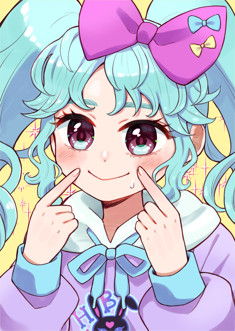 1girl blue_hair blue_ribbon blush bow closed_mouth fingers_to_cheeks hair_bow hands_up hood hoodie idol_land_pripara index_fingers_raised jinno_(jin_c_kkry) katasumi_amari long_hair long_sleeves looking_at_viewer nervous_smile pink_bow pretty_series pripara purple_hoodie ribbon smile solo sweater twintails upper_body violet_eyes yellow_background