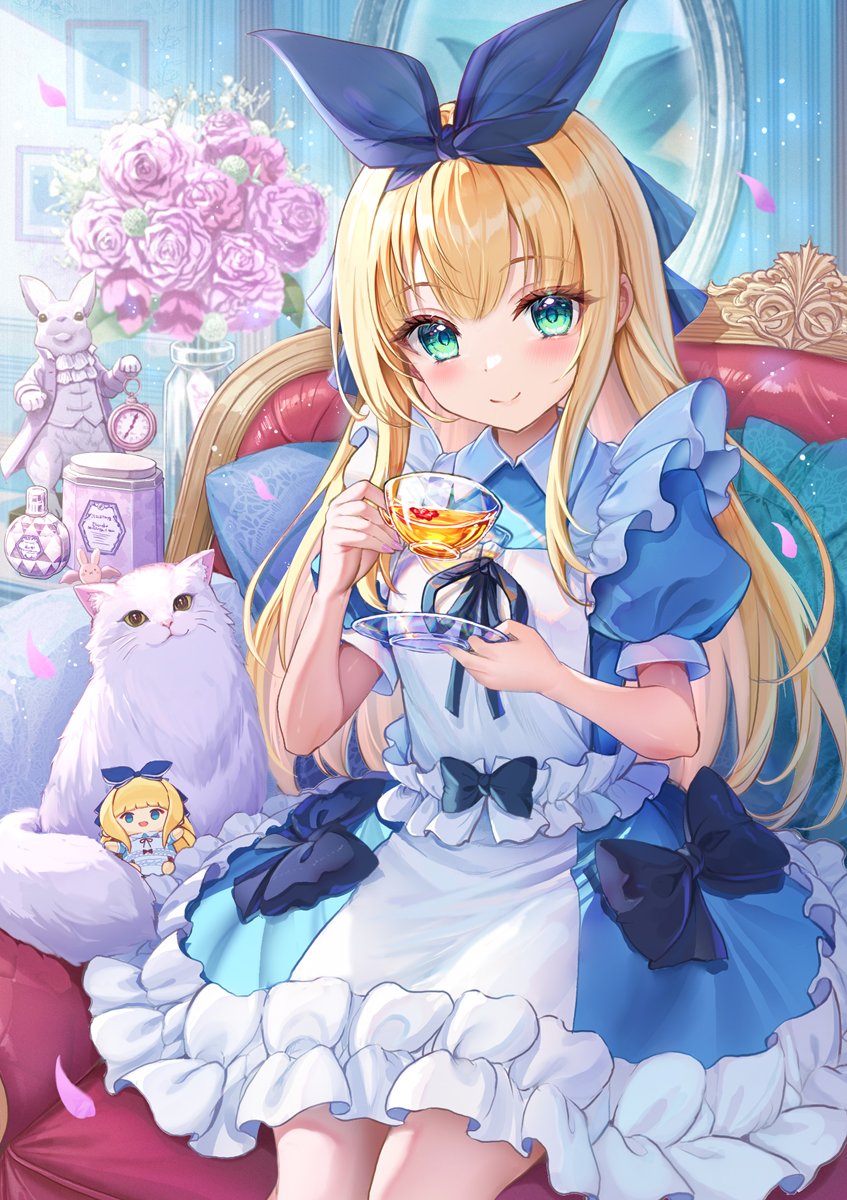 1girl akabane_(zebrasmise) apron armchair black_bow black_ribbon blonde_hair blue_dress blush bottle bow cat chair character_doll closed_mouth collared_dress cowboy_shot cup cushion dress flower frilled_apron frilled_dress frills green_eyes hair_ribbon highres holding holding_cup holding_saucer indoors long_hair looking_at_viewer mirror mononobe_alice mononobe_alice_(1st_costume) nijisanji petals picture_frame pink_flower pink_petals pocket_watch puffy_short_sleeves puffy_sleeves ribbon saucer short_sleeves sitting solo statue teacup vase virtual_youtuber watch white_apron