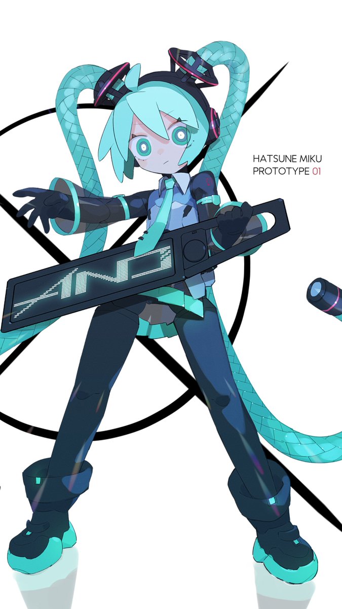 ahoge android aqua_eyes aqua_hair aqua_necktie bare_shoulders black_sleeves bright_pupils cable_hair character_name cheri_zao detached_sleeves full_body hatsune_miku highres holding holding_instrument instrument joints long_hair looking_at_viewer mechanical_parts miniskirt multiple_views necktie number_tattoo robot_girl robot_joints see-through see-through_skirt see-through_sleeves shirt simple_background skirt sleeveless sleeveless_shirt standing tattoo very_long_hair vocaloid white_background white_pupils