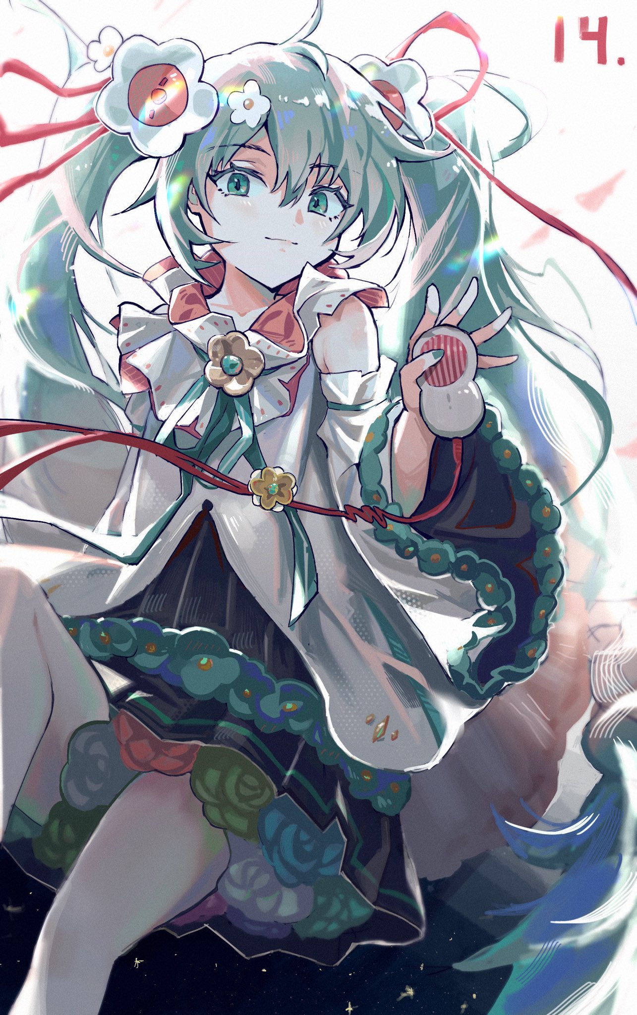 1girl backlighting blue_eyes blue_hair dress flower green_eyes hatsune_miku highres holding holding_microphone itooku looking_at_viewer microphone multicolored_eyes twintails vocaloid vocaloid_boxart_pose white_background