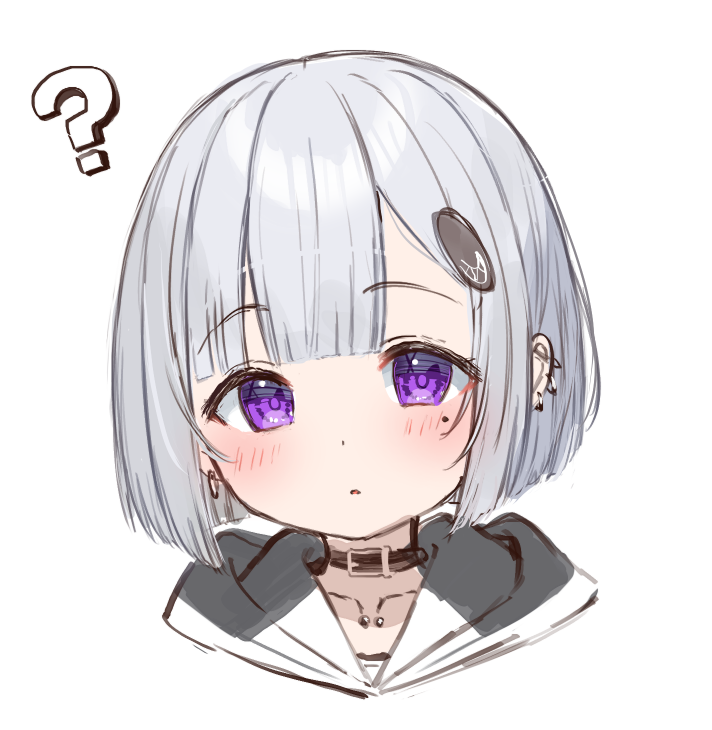 1girl :o ? black_collar blush collar collarbone collarbone_piercing commentary ear_piercing ena_(tsukiman) grey_hair hair_ornament hood hood_down looking_at_viewer mole mole_under_eye original parted_lips piercing portrait short_hair simple_background solo symbol-only_commentary tsukiman violet_eyes white_background